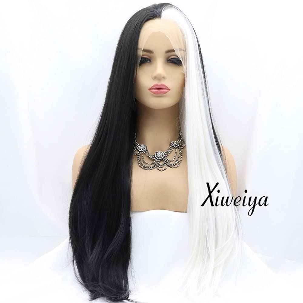 xiweiya long striaght mermaid piano half color synthetic lace front wig white to black two tones heat Resistant replacement wigs for women cosplay