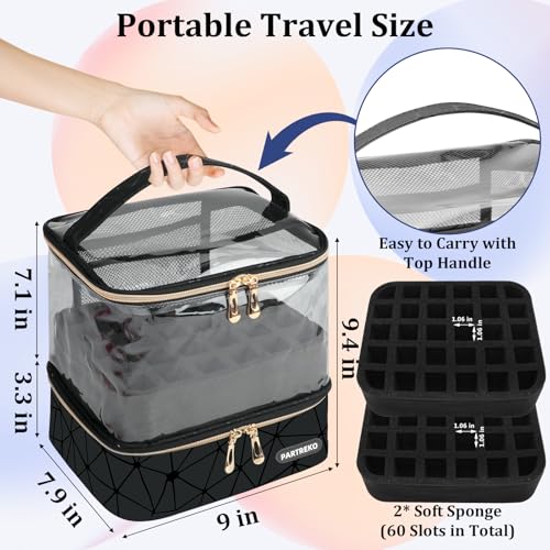 Partreko Double-Layer Nail Polish Organizer Case Holds 60 Bottles with Transparent PU Leather Design