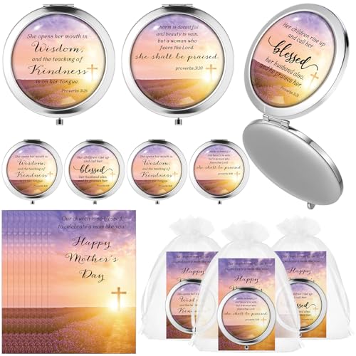 24 Sets Mother's Day Church Gifts Bulk Christian Compact Makeup Mirror Bible Verse Round Pocket Mirror with Gift Cards Organza Bags for Women