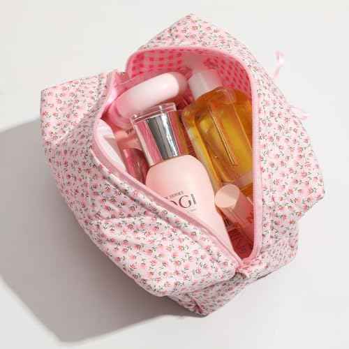 Quilted Makeup Bag, Floral Cosmetic Bag Cute Handmade Aesthetic Pink Toiletry Bag Flower Coquette Accessories Cotton Pouch for Women