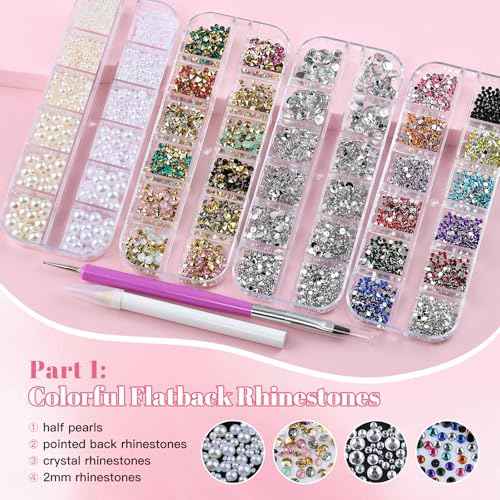 10 Boxes Nail Art Kit - 12 Colors Pointed/Flatback Rhinestones, 3D Gold/Silver/Rose Nail Studs, White Beige Half Pearls, Holographic Glitter & Foils + 3 Tools for DIY Nail Art Jewels & Crafts