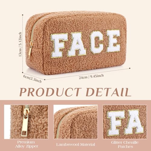 Paterr 4 Pcs Christmas Chenille Letter Preppy Patches Makeup Pouch Bag Plush Fuzzy Makeup Pouch Hair Skin Face Stuff Bag Large Cosmetic Purse Zipper Travel Toiletry Kit for Gift(Brown Colors)