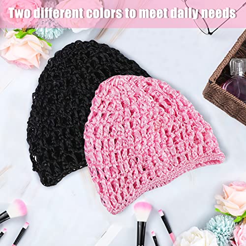 Geyoga 2 Pcs Mesh Hair Net Snood Sleep Cap - Rayon Crochet Bonnets (Black, Pink)