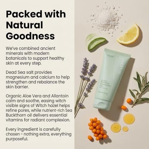 SEACRET Dead Sea Reviving Cleansing Gel - Gentle Facial Cleanser with Fruit AHAs & Minerals, Hydrating Foaming Face Wash, Naturally Scented with Lavender & Sage, All Skin Types, 3.4 fl oz