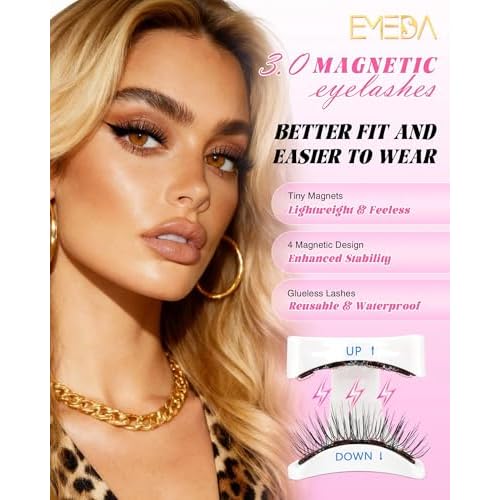EMEDA Magnetic Eyelashes Natural Look No Glue Reusable Magnetic Lashes with Applicator, 4 Magnets Faux Mink Lashes Lightweight & Comfortable for Women Sensitive Eyes Daily Makeup with Lash Mirror Case