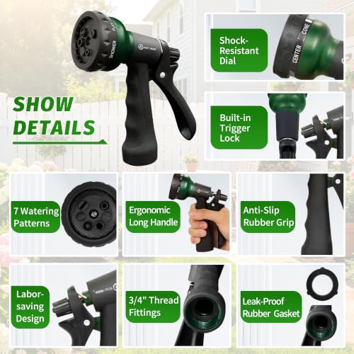 AUTOMAN Garden Hose Nozzle - 7 Adjustable Patterns, Dark Green, Slip-Resistant Grip