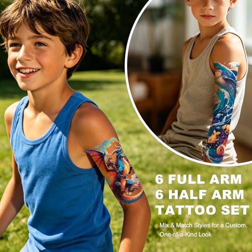 Kids Temporary Tattoo Sleeves, 12 Pc Dinosaur & Cartoon Set
