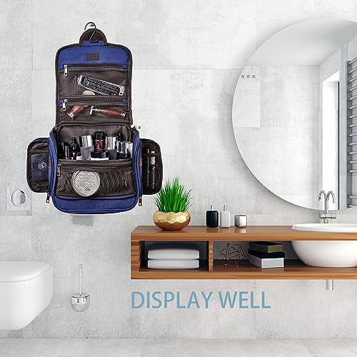 Canvas Toiletry Bag for Men Shaving Dopp Kit Bulk Travel Hanging Makeup Organizer with Sturdy Metal Hook Portable Cosmetic Bag for Women with Large Capacity Blue