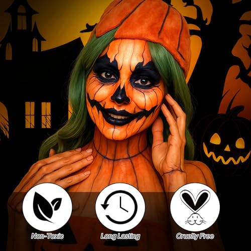 Black Orange Yellow Face Body Paint, Halloween Scarecrow Makeup Kit (3 Sponges + 5 Brushes), 9 Pcs Oil Based Non Toxic Face Painting Kit for Halloween Pumpkin SFX, Clown, Tiger, Lion, Fox, Costume Cos