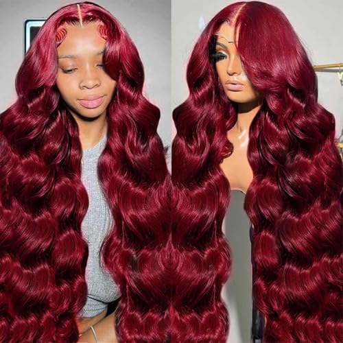 28" 99J Burgundy Lace Front Wig - 180% Density Human Hair
