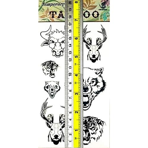 PARITA Tattoos Temporary Animal Head Bull Cow Deer Dog Wolf Tiger Tattoo Fake Stickers Cartoon Tattoo Art Fashion Fantasy Fun Party Waterproof Removable for Kids Teens Adults (1 Sheet.) (02)