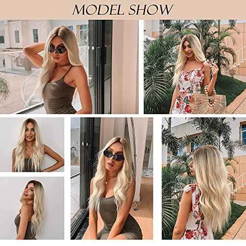 Long Blonde Wigs for Women 26 Inches Ombre Blonde Wig with Dark Roots Synthetic Wig Loose Wavy Wigs Cosplay Daily