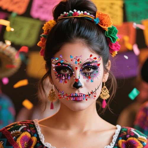 Halloween Face Jewels Rhinestone Skull Stickers - 4 Pack