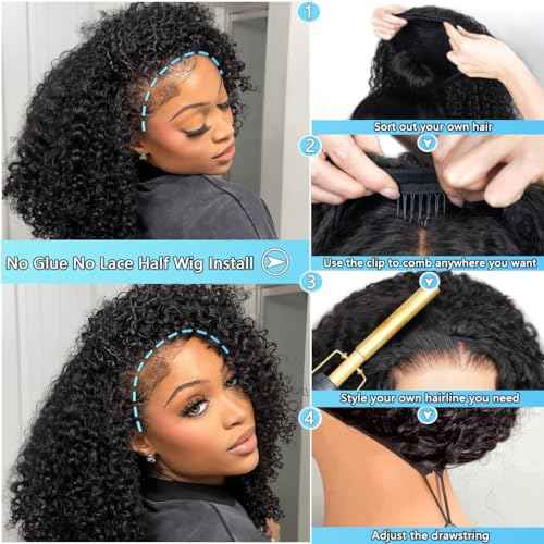 Kinky Curly Half Wig Human Hair 200% Density Wear Go Glueless Wigs Human Hair 20 Inch Curly 3 In 1 Half Wigs for Women Drawstring Seamless Flip Headband Wig Beginner Friendly
