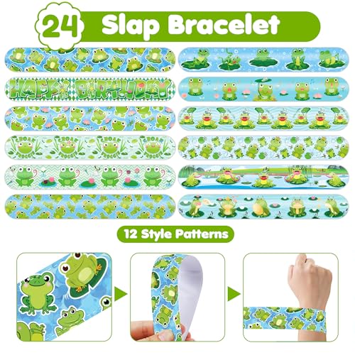 72 PCS Frog Party Favors 48 PCS Temporary Pre-cut Tattoos 24PCS Slap Bracelets Wristbands Perfect for Themed Birthday Baby Showers or Classroom Rewards Ideal Decor and Gifts for Girls and Boys