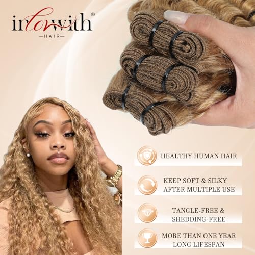 inlovwith Honey Blonde Deep Wave Human Hair Bundles, Selected Healthy Deep Curly Bundles Human Hair 27# Colored Brazilian Virgin Hair Wet and Wavy (Single Bundle, 20 Inches)