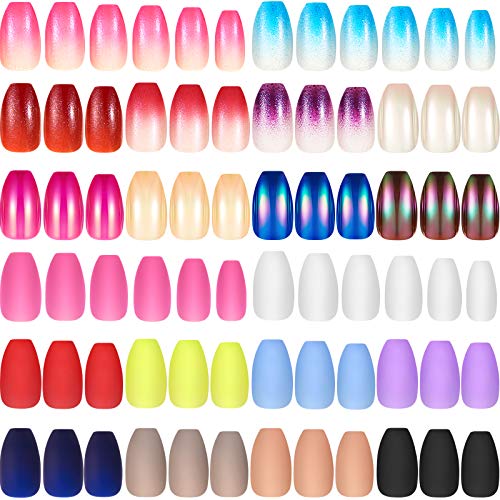 Maitys 480 Pieces 20 Sets Short Press on Nails Medium Square Nails Artificial Fake Nails Ballerina Coffin Full Cover Gradient Solid Color False Nails Tips for Women Girls DIY(Matte and Gradient)