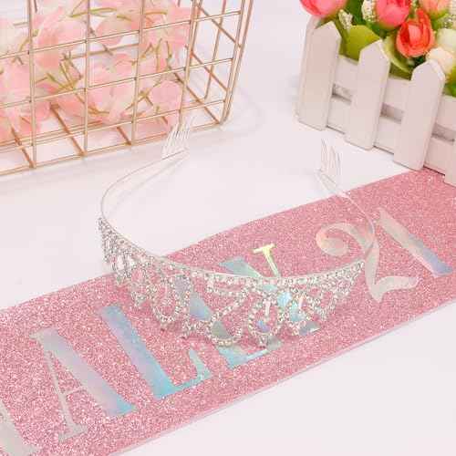 21st Birthday Crowns and Sashes for Women, Princess Tiara Sash Set Elegant Sliver Crown with Combs for Girls, 21st Birthday Decorations for Her Party Hair Accessories Gifts