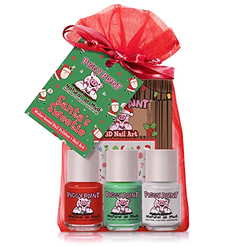 Piggy Paint | 100% Non-Toxic Girls Nail Polish | Safe, Cruelty-free, Vegan, & Low Odor for Kids | Santa's Sweetie (Christmas Holiday 3 Polish + Nail Art Gift Set)