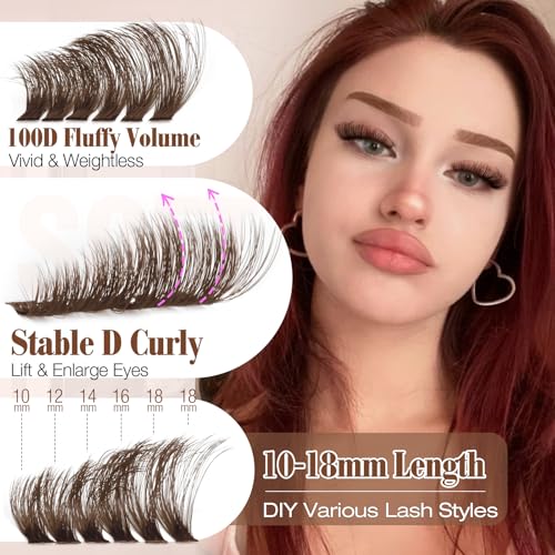 Yawamica Brown Fluffy Lash Clusters 100D Volume Wispy 10-18mm