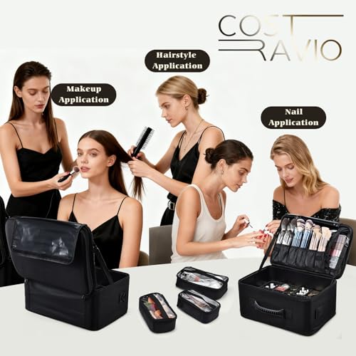 Costravio Makeup Bag Organizer Large Makeup Case Backpack Professional 2 Layers Cosmetic Storage Organizer Brush Slot with 3 Clear Set Bags for Makeup Artists with Shoulder Strap Adjustable Dividers
