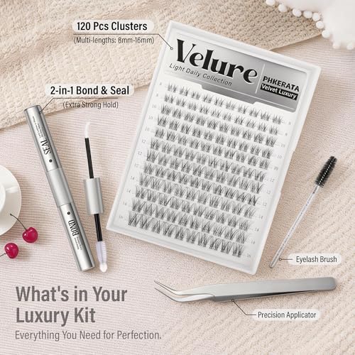 PHKERATA Velure Lash Clusters Kit 120pcs 8-18mm Wispy