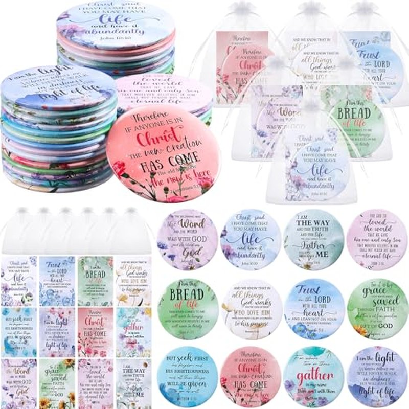 48 Sets Christian Gifts for Women Bible Verse Compact Mirror with Card Bag Inspirational Pocket Makeup Mirror Gifts for Mother Church Group Sunday School(Flower Color)