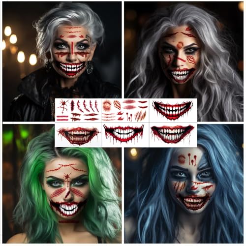 Halloween Temporary Face Tattoos for Adults, Prank Makeup, Scary Big Mouth Tattoo, Clown Tattoos, Zombie Makeup Face Stickers