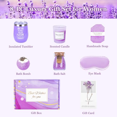 Luxury Purple Self Care Gift Box Set for Women with Bath Bombs, Scented Candles, Tumbler, Sleep Mask, Best Wishes Card, Birthday Spa Gift Package