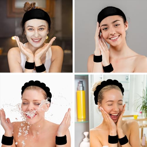 Ondder 6 Pcs Black Spa Headband and Wristband Set Makeup Spa Headband for Washing Face Bubble Headband Skin Care Headbands Face Wash Sponge Puffy Headband Head Bands Headbands for Women Girls