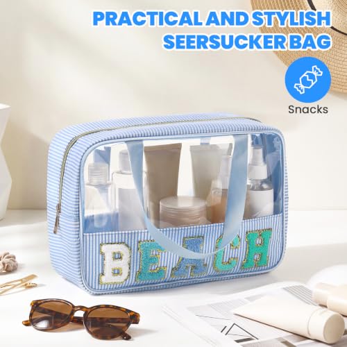 Sanwuta Seersucker Beach Bag - Clear Chenille Makeup Pouch