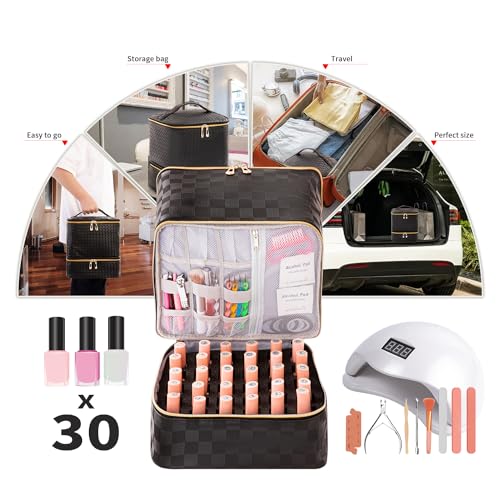 Portable Nail Polish Organizer Bag with UV Light Case - Holds 30 Bottles and 1 UV Nail Lamp, Double-Layers Nail Dryer Case for Gel Nail Polish Kit, Nail Art Decorations£¨Checkered Black£©