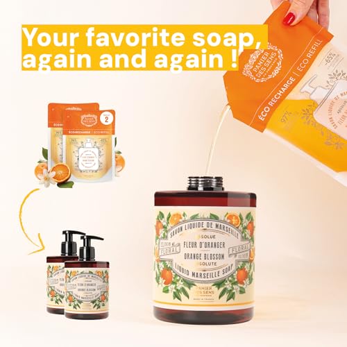 Panier des Sens - Orange Blossom Marseille Liquid Hand Soap + 2 Hand Soap Refills - Moisturizing Soap with Coconut Oil - Bathroom & Kitchen Foaming Soap - 96% Natural Ingredients Hand Wash-50.7 Fl.oz