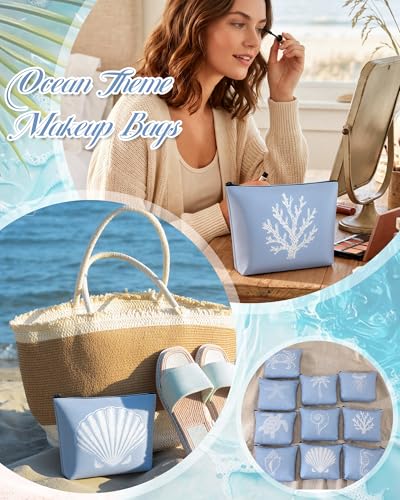 Coastal Ocean Themed Cosmetic Bag Set - 10 Pcs Beach Inspired Makeup & Toiletry Pouches