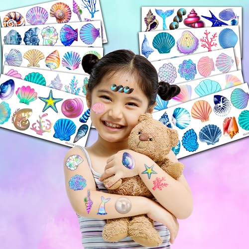 100 PCS Sea Shell Mermaid Birthday Party Decorations Favors Supplies Beach Ocean Seashells Decor Temporary Tattoos Stickers for Girls Boys Cute Gifts School Prizes Rewards