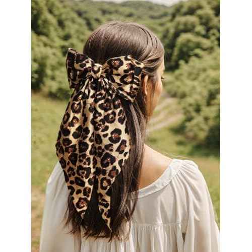 Furling Pompoms Hair Bows for Women Big Bow Hair Clips for Girls Long tail Hair Ribbon Satin Leopard Hair Bow Barrette Cute Hair Accessories Gifts, Pack of 2 (Camel)