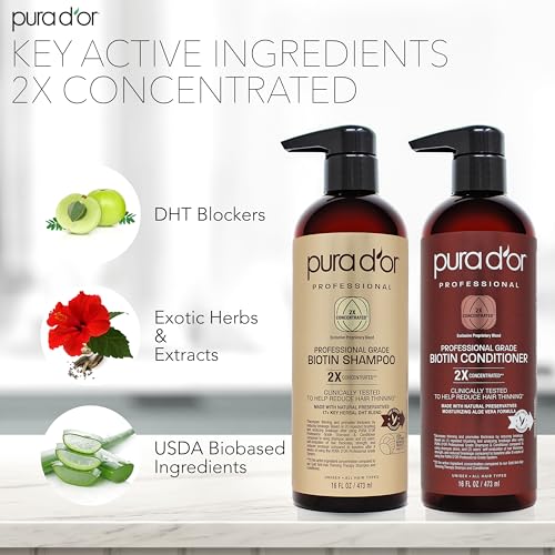 PURA D'OR Professional Grade Biotin Anti-Hair Thinning Shampoo & Conditioner, CLINICALLY TESTED Proven Results, 2X Concentrated DHT Blocker Thickening Products For Women & Men, Sulfate Free, 16oz x 2