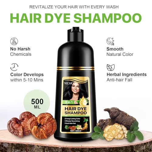 Instant Hair Dye Shampoo Black, 500ml Hair Color Shampoo for Gray Hair Coverage Nature Herbal 3 in 1 Hair Dye Shampoo for Men and Women, Instant Color Shampoo Long Lasting 16.9 Fl Oz