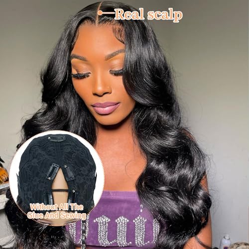 V Part Human Hair Wig Body Wave V Part Wig Human Hair for Black Women 14 Inch Glueless Wigs Clip Upgrade Natural Beginner Friendly Middle Part 200% Density