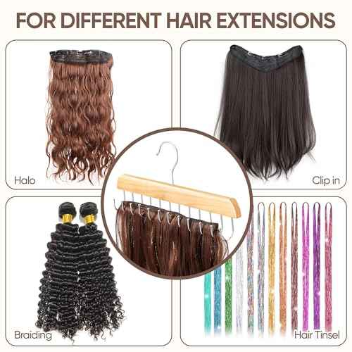 ¡¼2 Pack¡½ Wood Hair Extension Holder for Hair Storing, Washing, Drying, Coloring, Styling, Foldable Belt Hanger, Rotating Multi-Purpose Hooks Hanger, Hanging Closet Organizer