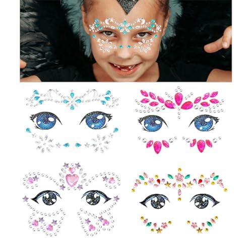 Kids Festival Face Jewels Gems ? 4 Pack Sparkly Face Stickers & Crystal Temporary Tattoos ? Fun Rhinestone Makeup for Girls for Halloween, Birthday, Christmas & Dress-Up Play