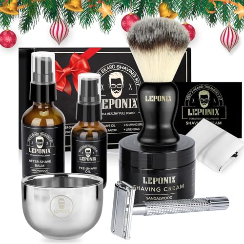 Shaving Kit for Men - Secret Santa Gift Set, Includes Safety Razor, Sandalwood Shaving Cream, Aftershave, Pre-shave Oil, Brush, Bowl & Apron Bib - Christmas Gifts for Him Husband Dad Stocking Stuffers