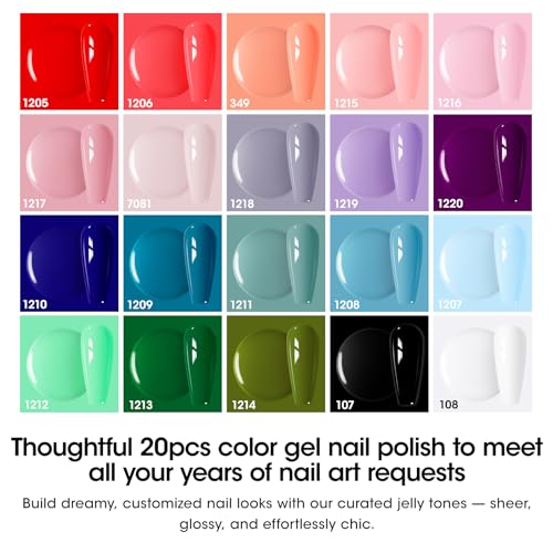 GELLEN 24-Piece Gel Nail Polish Kit - 20 Colors, Cat Eye & Top Base Coats