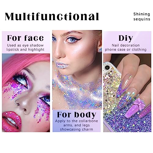 2 Colors Roll-on Body Glitter Gel, Holographic Glitter Gel Under Light for Face Hair, Body Shimmer for Rave Accessories Christmas New Year Halloween Makeup (Golden Ocean+Neon Violet)