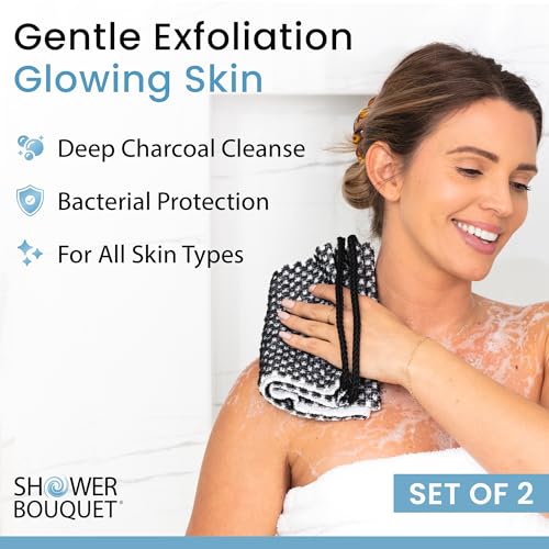 SHOWER BOUQUET Charcoal-Loofah XL 4-Pack & Japanese-Exfoliating-Washcloth 2-Pack for Back & Body // 4 Extra Large Bath Sponges Plus Silver Ion Infused Exfoliating Towel with Handles, 2 Charcoal White