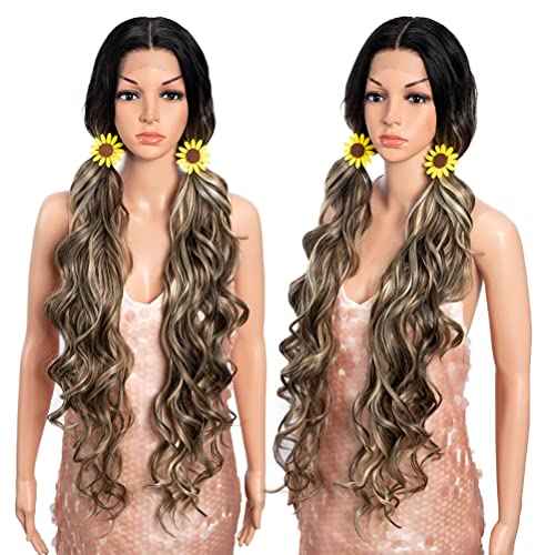 Style Icon 36" Lace Front Wigs Super Long Big Curl Wigs With Baby Hair 130% Density Heat Resistant Fiber Synthetic Wig (36 Inch, TTSA4/10/23B/613C)