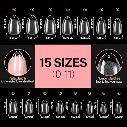AILLSA Short Almond Gel Nail Tips - Pre-Shaped Full Cover (240 PCS, 15 Sizes)