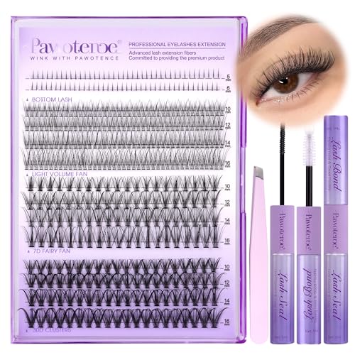 Pawotence Brown Lash Extension Kit Lash Clusters Wispy Invisible Band 10-12mm Individual Lashes Natural Brown Clusters Eyelash Extension Kit with Lash Bond and Seal, Lash Applicator for Self Use