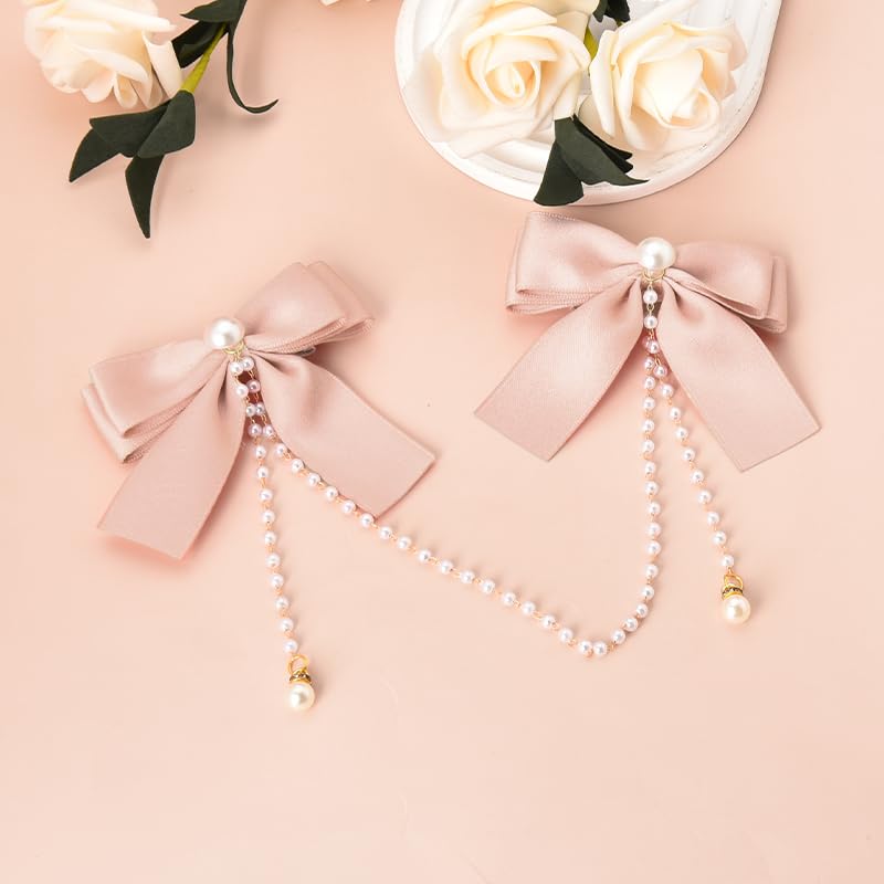 Hair Bow Accessories for Girls Women Pink Hair Bow with Pearls Tassel Ribbon Bow Hair Clips Small Silk Hair Bows for Women Bow Decor Hair Clip Satin Bowknot Hair Clips Head Clips for Women's Hair