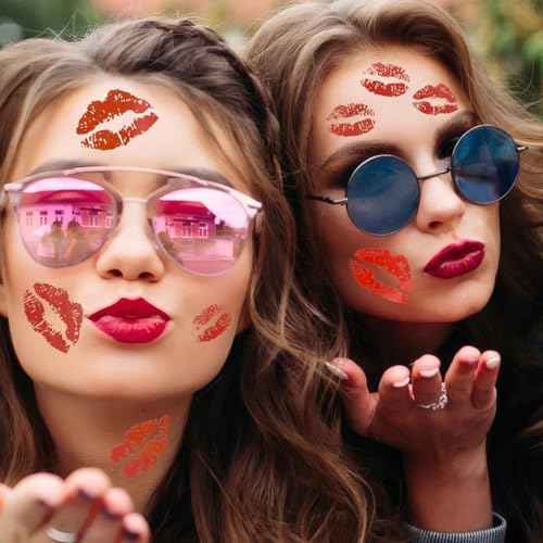 156Pcs Red Lip Kiss Tattoos Temporary - 12Sheets Pink Black Lip Prints Temporary Tattoos for Face Body Waterproof Bright Color Kisses Sticker